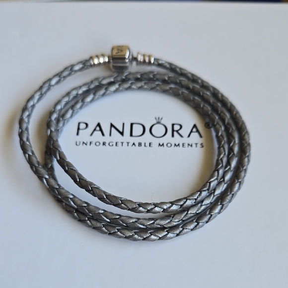 Pandora Gray/Silver Braided Leather Bracelet - Picture 1 of 2